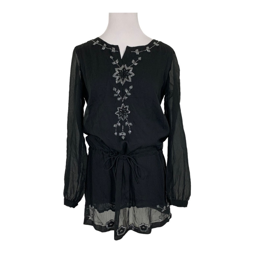 Anthropologie Antik Batik Beaded Tunic Top Coverup Tie Waist Size S Semi Sheer